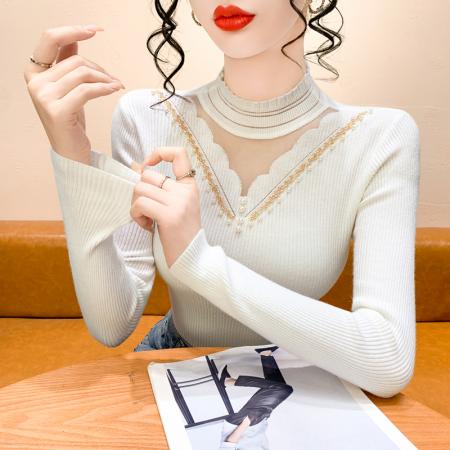 FA45586# 新款钉珠镂空内搭半高领时髦时尚洋气长袖打底衫上衣 服裝批發女裝批發服飾貨源