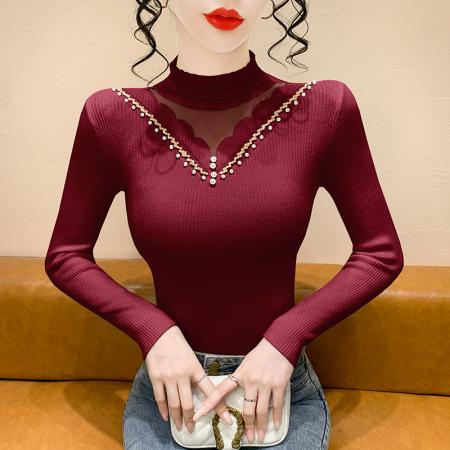 FA45586# 新款钉珠镂空内搭半高领时髦时尚洋气长袖打底衫上衣 服裝批發女裝批發服飾貨源