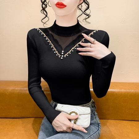 FA45586# 新款钉珠镂空内搭半高领时髦时尚洋气长袖打底衫上衣 服裝批發女裝批發服飾貨源