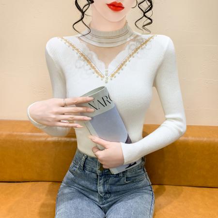 FA45586# 新款钉珠镂空内搭半高领时髦时尚洋气长袖打底衫上衣 服裝批發女裝批發服飾貨源