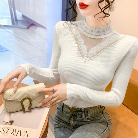 FA45586# 新款钉珠镂空内搭半高领时髦时尚洋气长袖打底衫上衣 服裝批發女裝批發服飾貨源