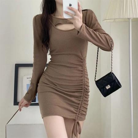 FA45588# 秋冬新款打底裙修身设计感气质小心机镂空抽绳褶皱内搭包臀裙 服裝批發女裝批發服飾貨源