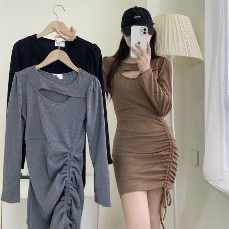 FA45588# 秋冬新款打底裙修身设计感气质小心机镂空抽绳褶皱内搭包臀裙 服裝批發女裝批發服飾貨源