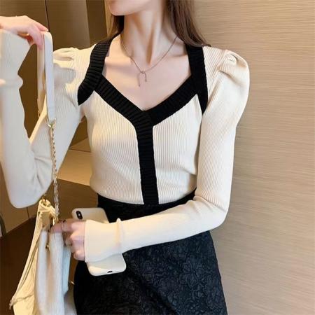 FA45589# v领针织衫女秋季新款内搭修身打底衫设计感小众泡泡袖毛衣 服裝批發女裝批發服飾貨源