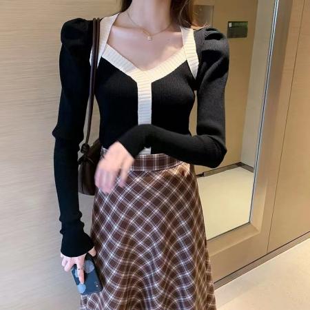 FA45589# v领针织衫女秋季新款内搭修身打底衫设计感小众泡泡袖毛衣 服裝批發女裝批發服飾貨源