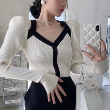 FA45589# v领针织衫女秋季新款内搭修身打底衫设计感小众泡泡袖毛衣 服裝批發女裝批發服飾貨源