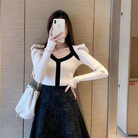 FA45589# v领针织衫女秋季新款内搭修身打底衫设计感小众泡泡袖毛衣 服裝批發女裝批發服飾貨源