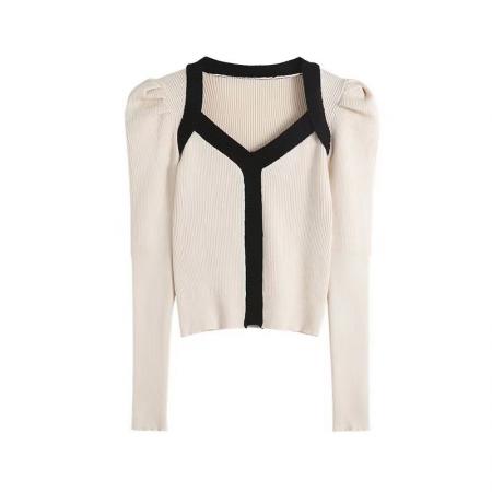 FA45589# v领针织衫女秋季新款内搭修身打底衫设计感小众泡泡袖毛衣 服裝批發女裝批發服飾貨源