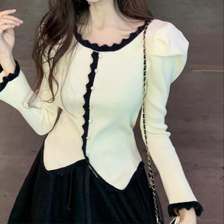 FA45590# 设计感撞色花边针织衫女秋冬新款法式气质温柔风毛衣黑色杏色 服裝批發女裝批發服飾貨源