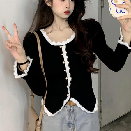 FA45590# 设计感撞色花边针织衫女秋冬新款法式气质温柔风毛衣黑色杏色 服裝批發女裝批發服飾貨源