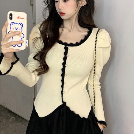 FA45590# 设计感撞色花边针织衫女秋冬新款法式气质温柔风毛衣黑色杏色 服裝批發女裝批發服飾貨源