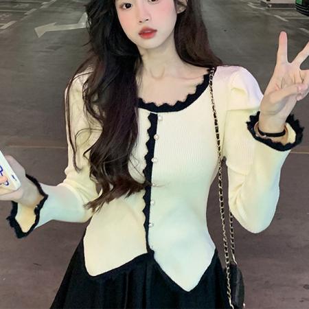 FA45590# 设计感撞色花边针织衫女秋冬新款法式气质温柔风毛衣黑色杏色 服裝批發女裝批發服飾貨源