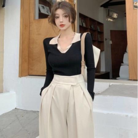 FA45591# 秋季新款法式小众上衣百搭小香风POLO领设计感针织毛衣女 服裝批發女裝批發服飾貨源