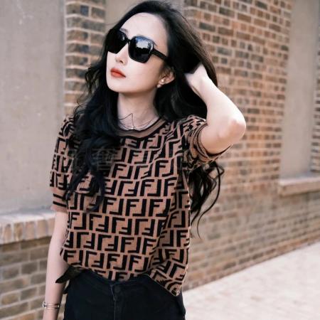 FA45594# 中袖羊毛衫女精纺圆领上衣秋冬品牌洋气毛衣半袖提花针织衫 服裝批發女裝批發服飾貨源