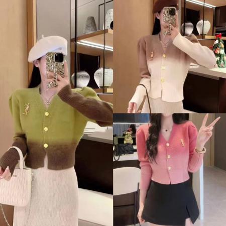 FA45595# 秋冬气质百搭法式V领金扣渐变软糯羊毛小香针织毛衣 服裝批發女裝批發服飾貨源