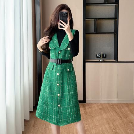 FA45596# 法式风名媛高级感格纹粗毛呢无袖连衣裙搭高领长袖针织衫套装女秋 服裝批發女裝批發服飾貨源