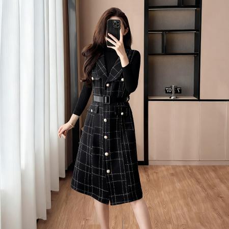 FA45596# 法式风名媛高级感格纹粗毛呢无袖连衣裙搭高领长袖针织衫套装女秋 服裝批發女裝批發服飾貨源