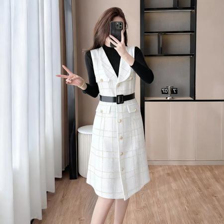 FA45596# 法式风名媛高级感格纹粗毛呢无袖连衣裙搭高领长袖针织衫套装女秋 服裝批發女裝批發服飾貨源