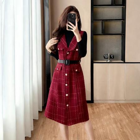 FA45596# 法式风名媛高级感格纹粗毛呢无袖连衣裙搭高领长袖针织衫套装女秋 服裝批發女裝批發服飾貨源