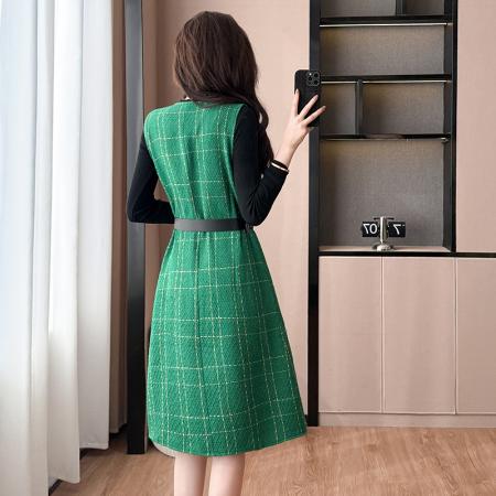 FA45596# 法式风名媛高级感格纹粗毛呢无袖连衣裙搭高领长袖针织衫套装女秋 服裝批發女裝批發服飾貨源