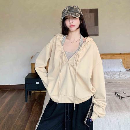 FA45597# 棉韩系抽褶连帽长袖卫衣女设计感慵懒风辣妹宽松上衣潮 服裝批發女裝批發服飾貨源