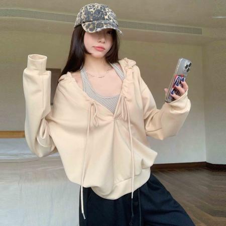 FA45597# 棉韩系抽褶连帽长袖卫衣女设计感慵懒风辣妹宽松上衣潮 服裝批發女裝批發服飾貨源