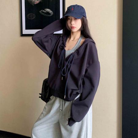 FA45597# 棉韩系抽褶连帽长袖卫衣女设计感慵懒风辣妹宽松上衣潮 服裝批發女裝批發服飾貨源