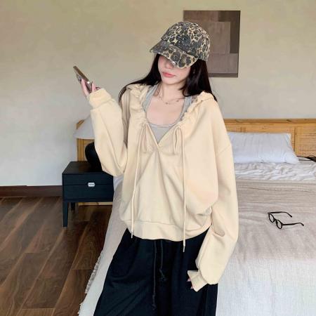 FA45597# 棉韩系抽褶连帽长袖卫衣女设计感慵懒风辣妹宽松上衣潮 服裝批發女裝批發服飾貨源