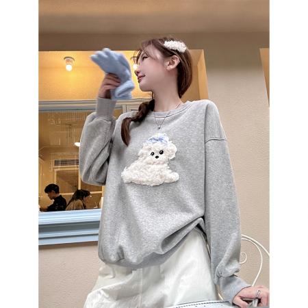 FA45600# 纯棉华棉春款元气减龄小狗加绒卫衣女秋冬韩系百搭上衣 服裝批發女裝批發服飾貨源