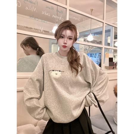 FA45601# 纯棉华棉刺绣圆领卫衣女设计感宽松慵懒风秋冬加绒上衣 服裝批發女裝批發服飾貨源