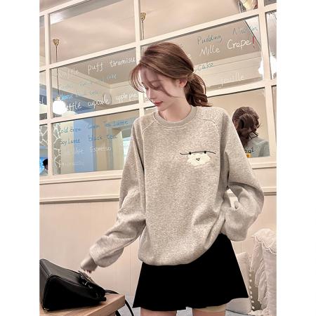 FA45601# 纯棉华棉刺绣圆领卫衣女设计感宽松慵懒风秋冬加绒上衣 服裝批發女裝批發服飾貨源