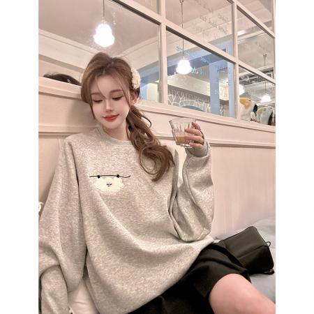 FA45601# 纯棉华棉刺绣圆领卫衣女设计感宽松慵懒风秋冬加绒上衣 服裝批發女裝批發服飾貨源