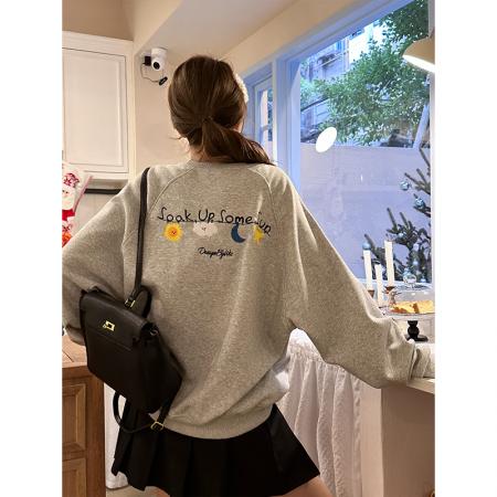 FA45601# 纯棉华棉刺绣圆领卫衣女设计感宽松慵懒风秋冬加绒上衣 服裝批發女裝批發服飾貨源