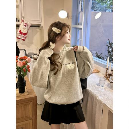 FA45601# 纯棉华棉刺绣圆领卫衣女设计感宽松慵懒风秋冬加绒上衣 服裝批發女裝批發服飾貨源