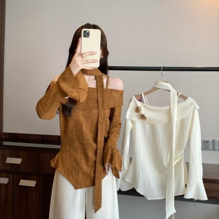 FA45602# 飘带挂脖一字肩长袖T恤女早秋新款不规则上衣 服裝批發女裝批發服飾貨源