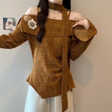 FA45602# 飘带挂脖一字肩长袖T恤女早秋新款不规则上衣 服裝批發女裝批發服飾貨源