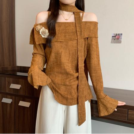 FA45602# 飘带挂脖一字肩长袖T恤女早秋新款不规则上衣 服裝批發女裝批發服飾貨源