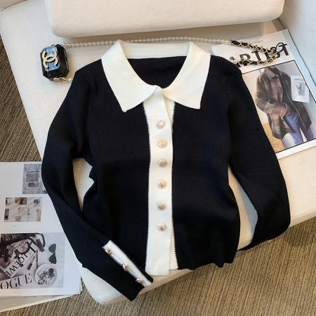 FA45603# 秋装新款设计感小香风别致气质翻领上衣针织衫女 服裝批發女裝批發服飾貨源