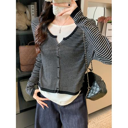 FA45604# 大货秋装新款设计感洋气条纹假两件打底衫针织衫毛衣女 服裝批發女裝批發服飾貨源