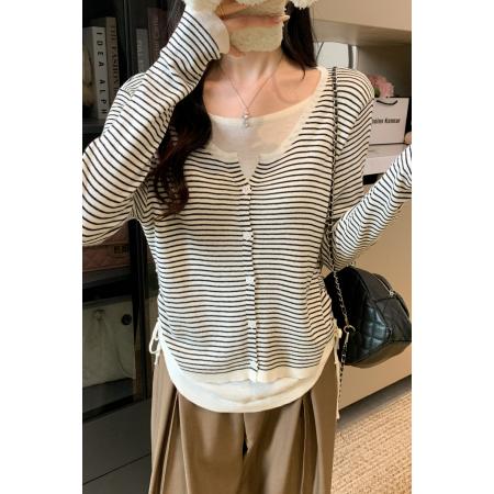 FA45604# 大货秋装新款设计感洋气条纹假两件打底衫针织衫毛衣女 服裝批發女裝批發服飾貨源