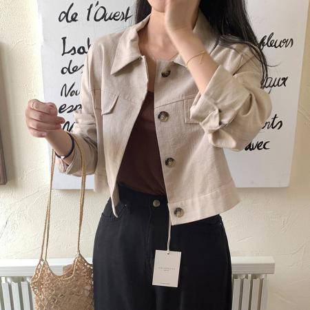 FA45605# POL领简约工装棉麻外上衣女秋新小个子显瘦显高短装休闲外套 服裝批發女裝批發服飾貨源