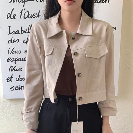 FA45605# POL领简约工装棉麻外上衣女秋新小个子显瘦显高短装休闲外套 服裝批發女裝批發服飾貨源