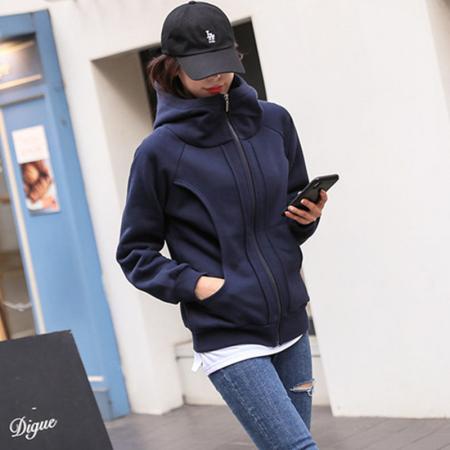 FA45607# 高领连帽加绒加厚保暖运动卫衣春秋立体收腰文艺外套上衣学生 服裝批發女裝批發服飾貨源