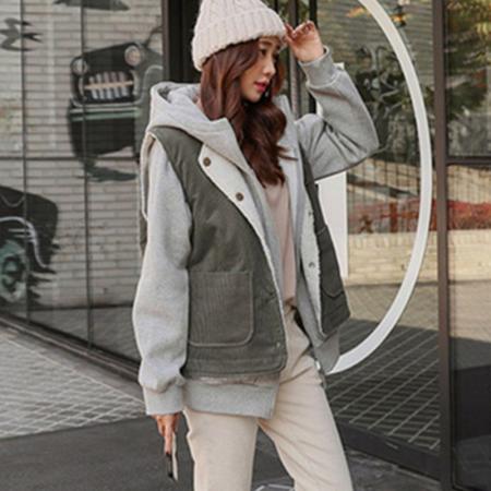 FA45607# 高领连帽加绒加厚保暖运动卫衣春秋立体收腰文艺外套上衣学生 服裝批發女裝批發服飾貨源