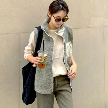 FA45608# 羊羔毛拼色无袖小背心百搭马甲女秋新韩版小个子显瘦加厚马夹 服裝批發女裝批發服飾貨源