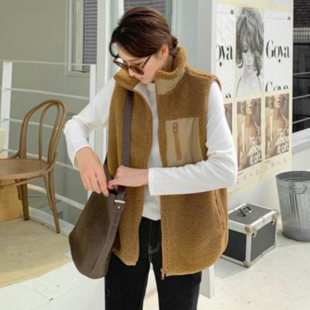 FA45608# 羊羔毛拼色无袖小背心百搭马甲女秋新韩版小个子显瘦加厚马夹 服裝批發女裝批發服飾貨源