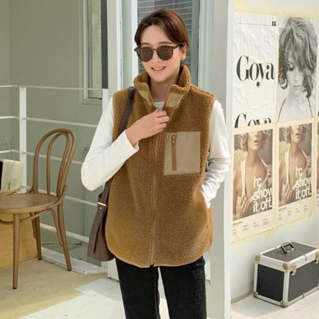 FA45608# 羊羔毛拼色无袖小背心百搭马甲女秋新韩版小个子显瘦加厚马夹 服裝批發女裝批發服飾貨源