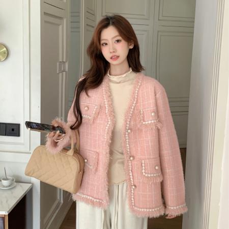 FA45609# 甜美小香风V领流苏外套女针织毛衣开衫仿水貂绒上衣 服裝批發女裝批發服飾貨源