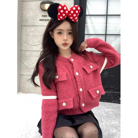 FA45610# 树莓红法式小香风开衫毛衣女新款颗粒毛毛加厚外套 服裝批發女裝批發服飾貨源