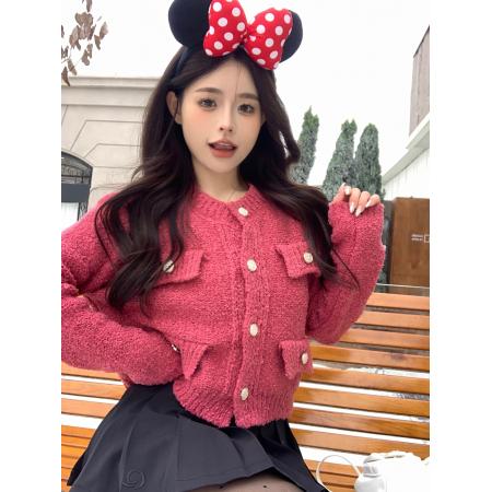 FA45610# 树莓红法式小香风开衫毛衣女新款颗粒毛毛加厚外套 服裝批發女裝批發服飾貨源